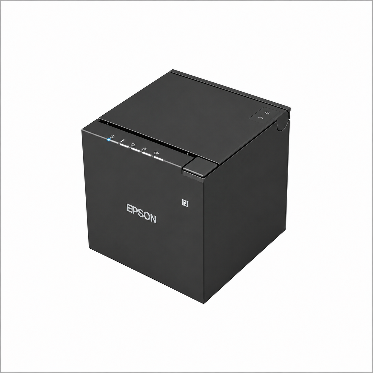 Epson TM-m30III (112) Black thermal receipt printer front view showing compact square design.