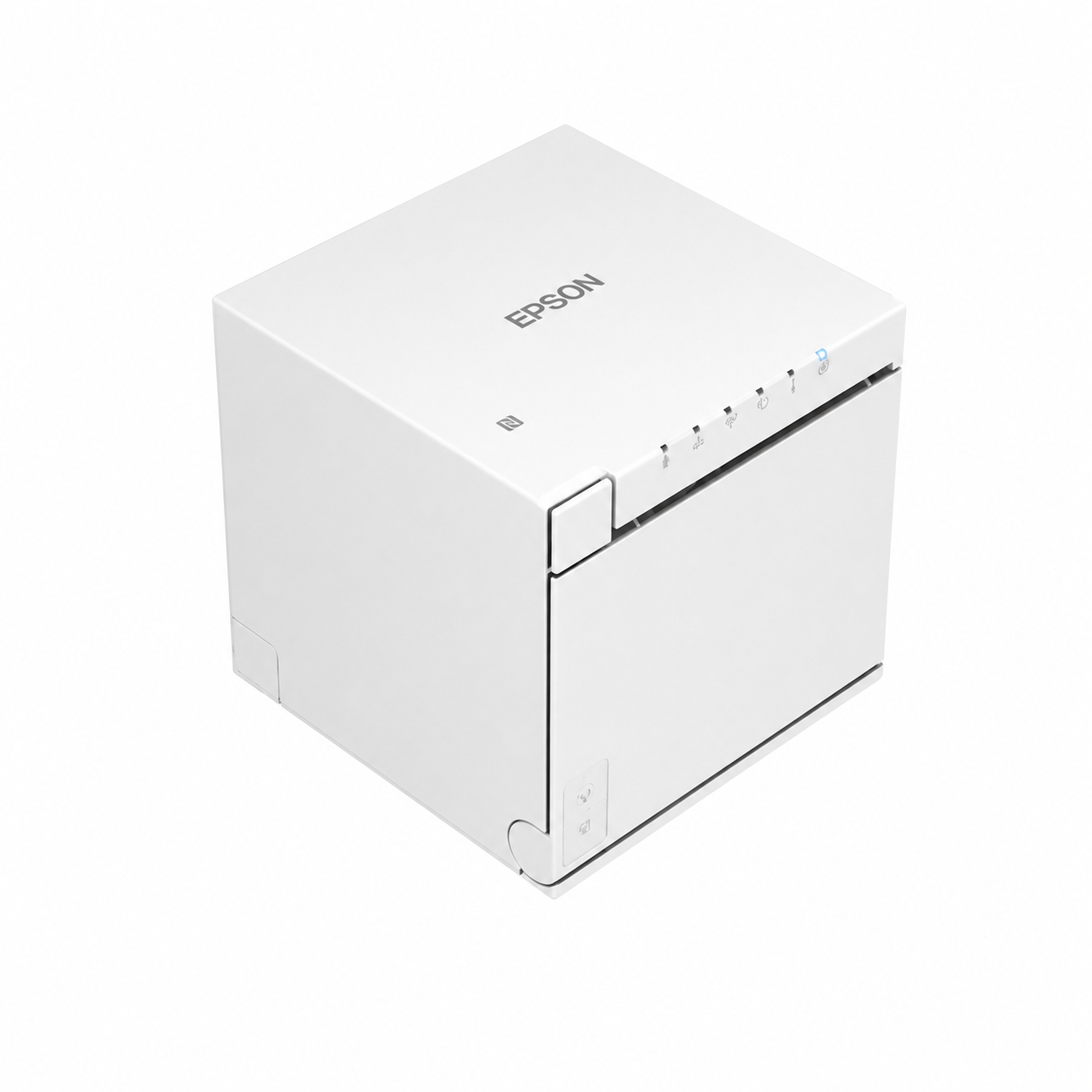 Epson TM-m30III (151) Wi-Fi Bluetooth receipt printer angled front view showing compact cube design.