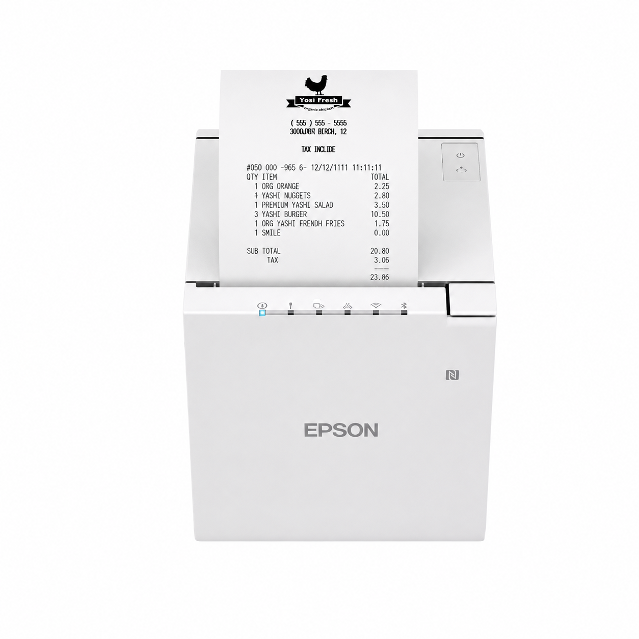 Epson TM-m30III (151) White thermal receipt printer front view printing a receipt.