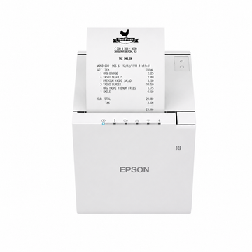 Epson TM-m30III (151) White thermal receipt printer front view printing a receipt.