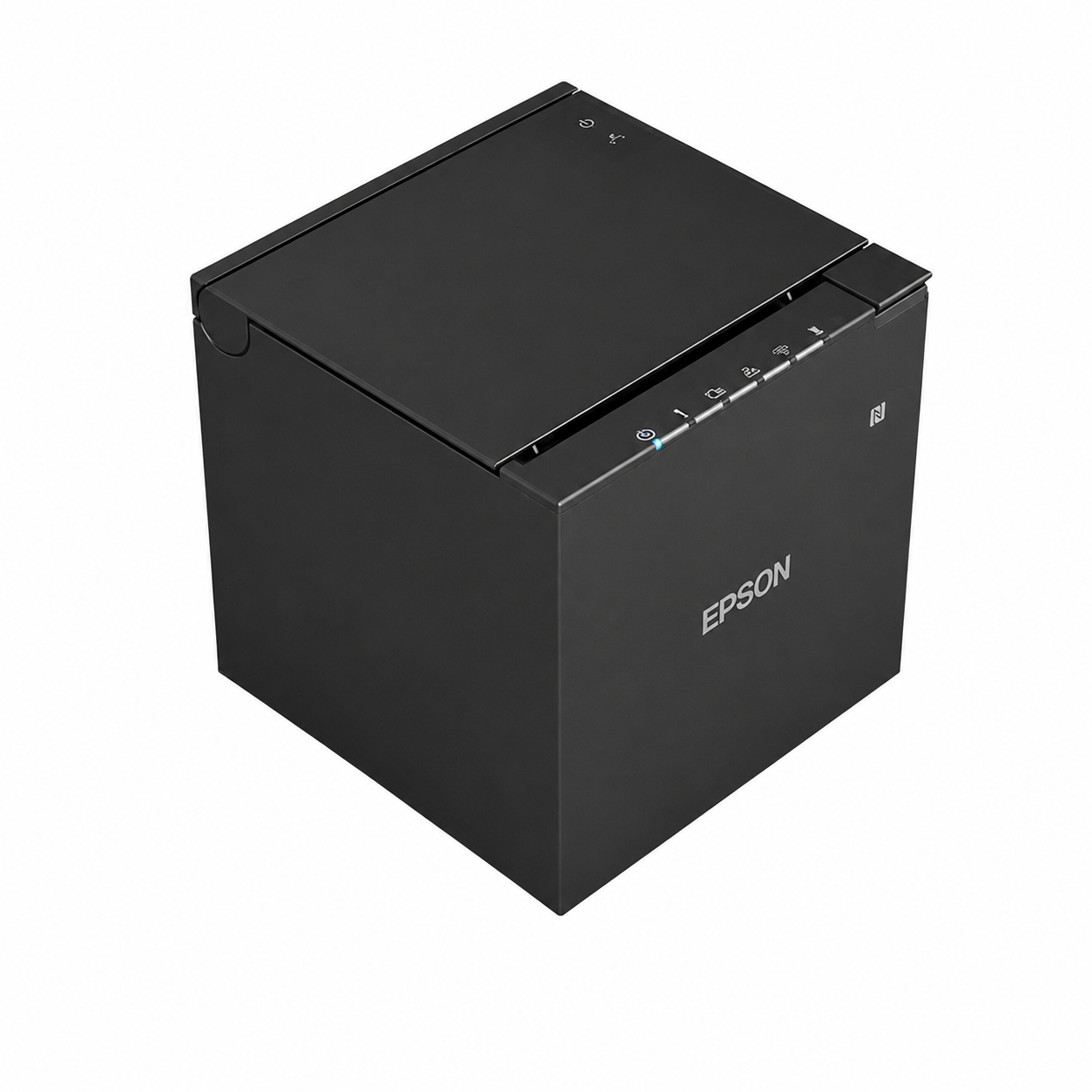 Epson TM-m30III (152) Black thermal receipt printer angled top view showing compact cube design and receipt output slot.