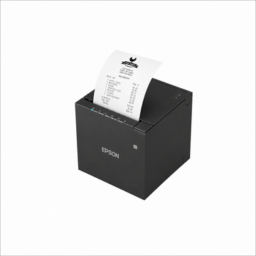 Epson TM-m30III (152) Wi-Fi Bluetooth receipt printer angled front view printing a receipt.
