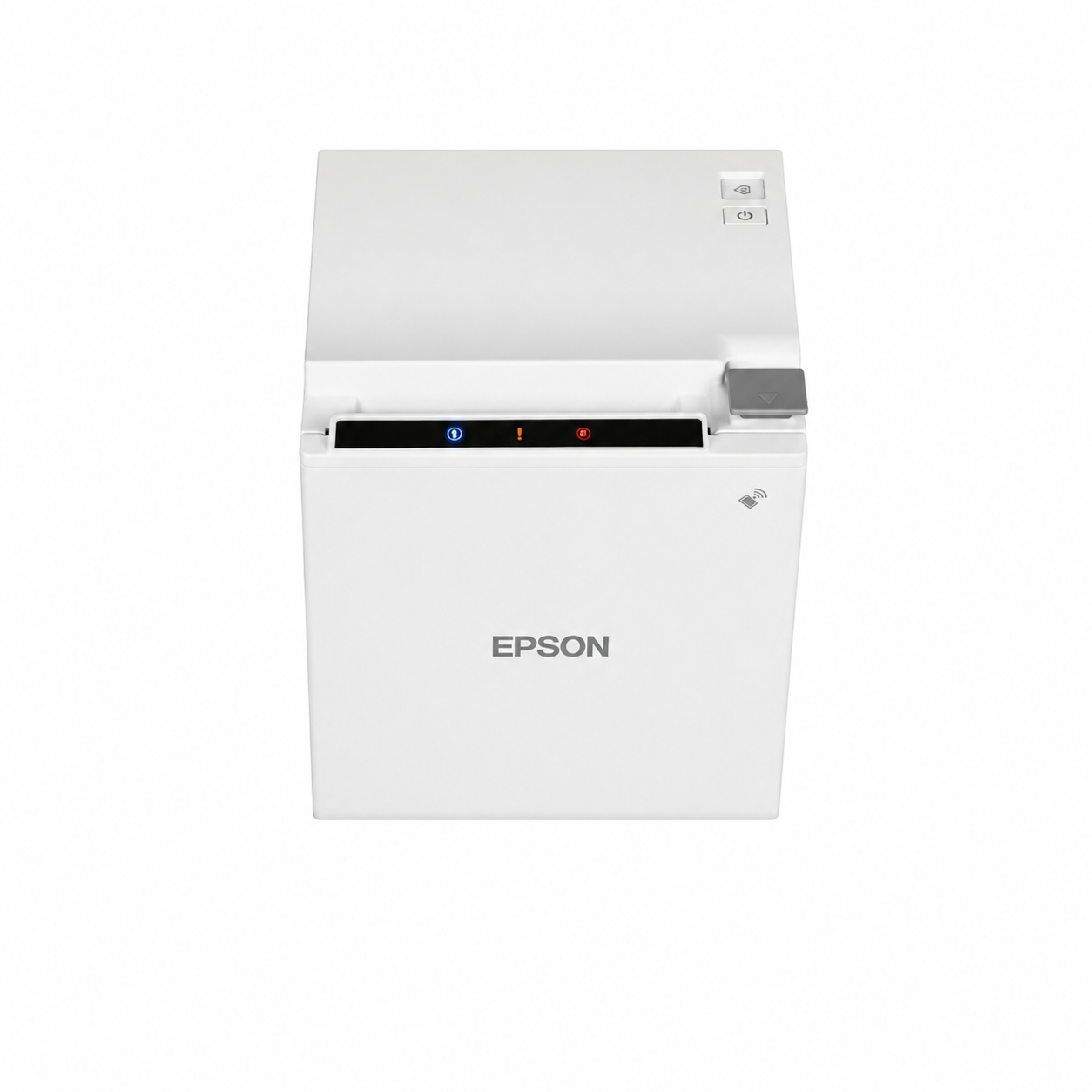 Epson TM-m30II (121) White thermal POS receipt printer front view showing paper output slot and Epson logo.