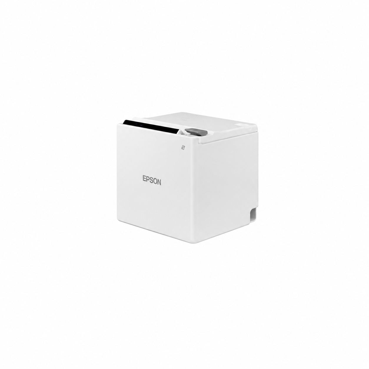 Epson TM-m30II (121) White thermal receipt printer angled front view showing compact POS design and receipt output slot.