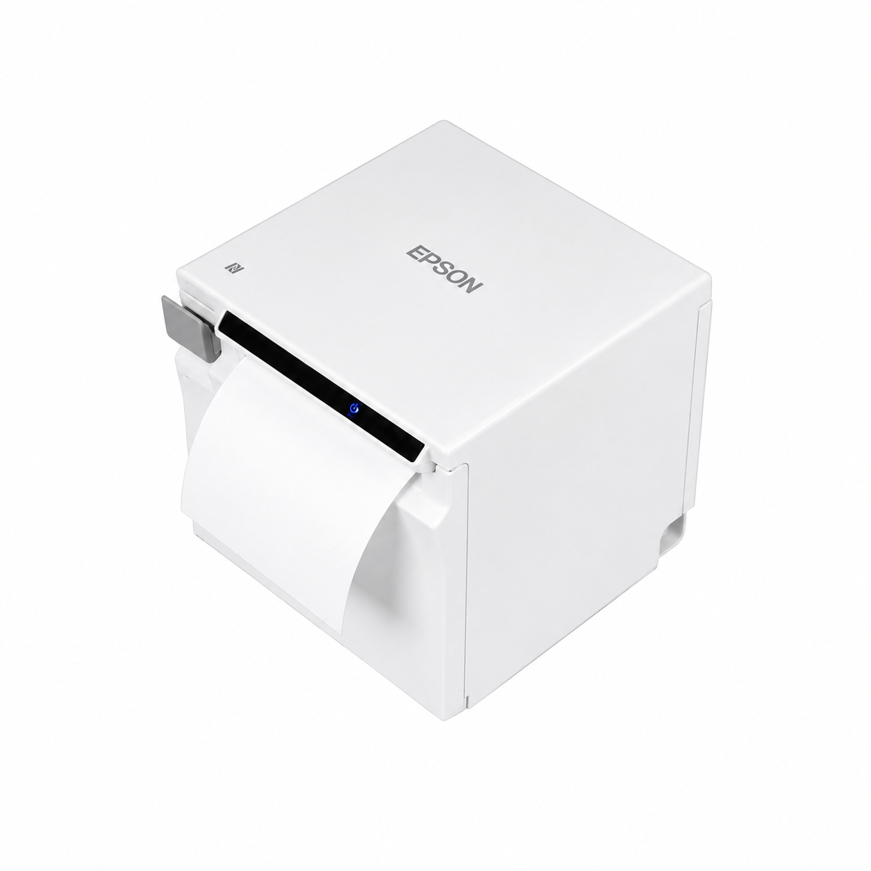 Epson TM-m30II (121) USB and Ethernet thermal receipt printer angled top view showing compact white cube design.