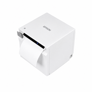 Epson TM-m30II (121) USB and Ethernet thermal receipt printer angled top view showing compact white cube design.