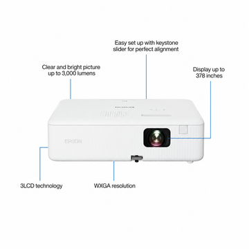 Epson CO-W01 projector displaying a bright WXGA presentation on a large screen