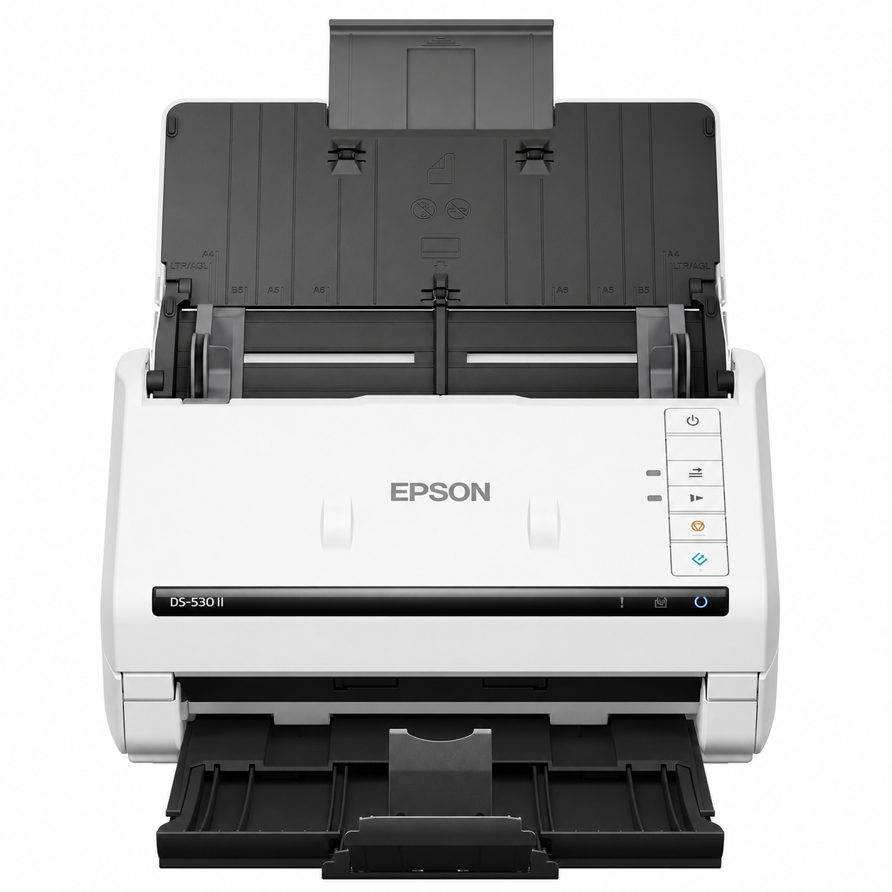 Epson DS-530 document scanner front view with input and output trays open