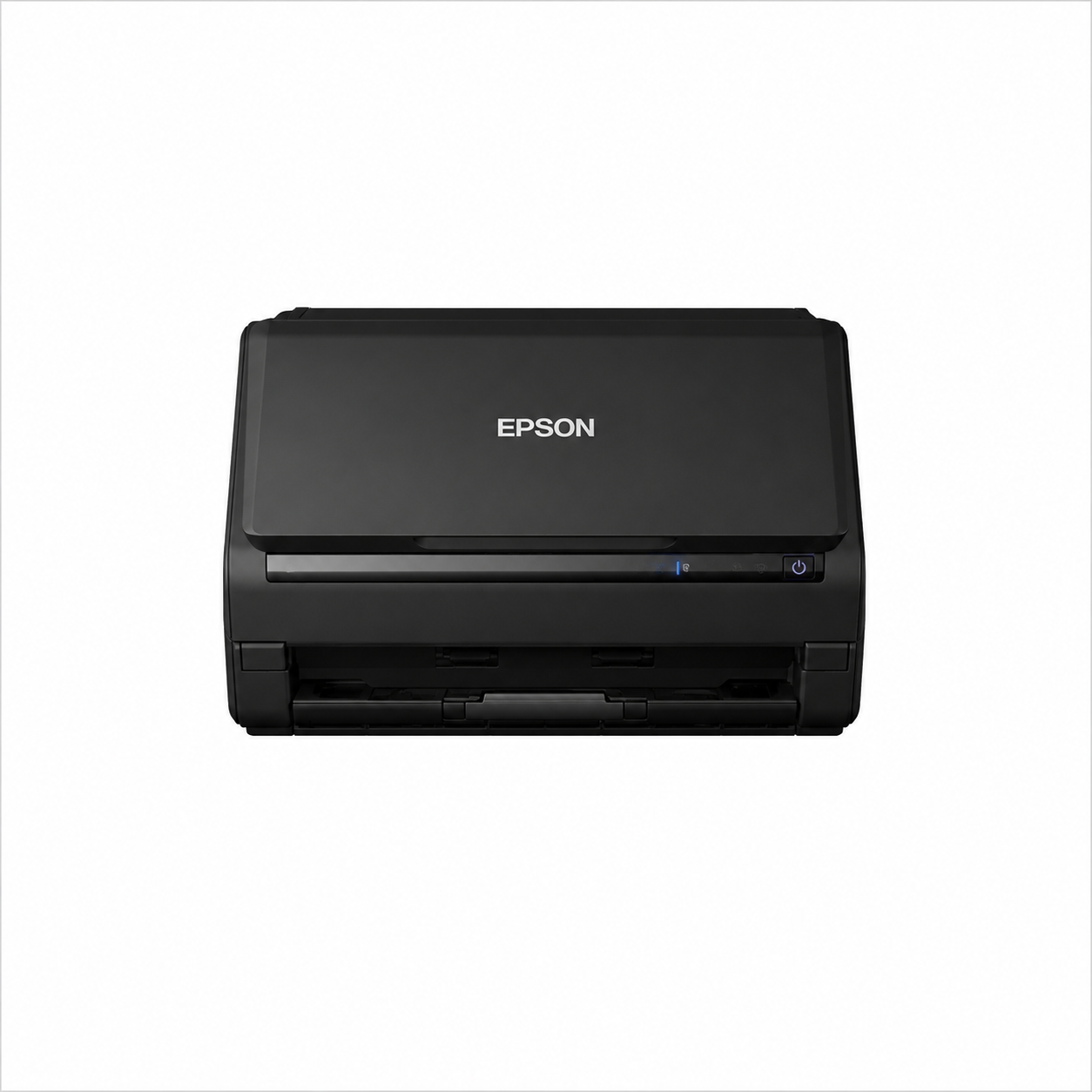 Epson black desktop document scanner in compact closed position, front view on white background