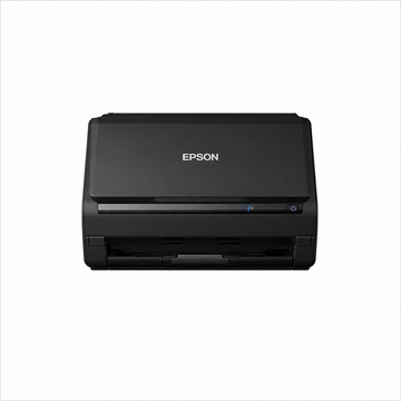 Epson black desktop document scanner in compact closed position, front view on white background
