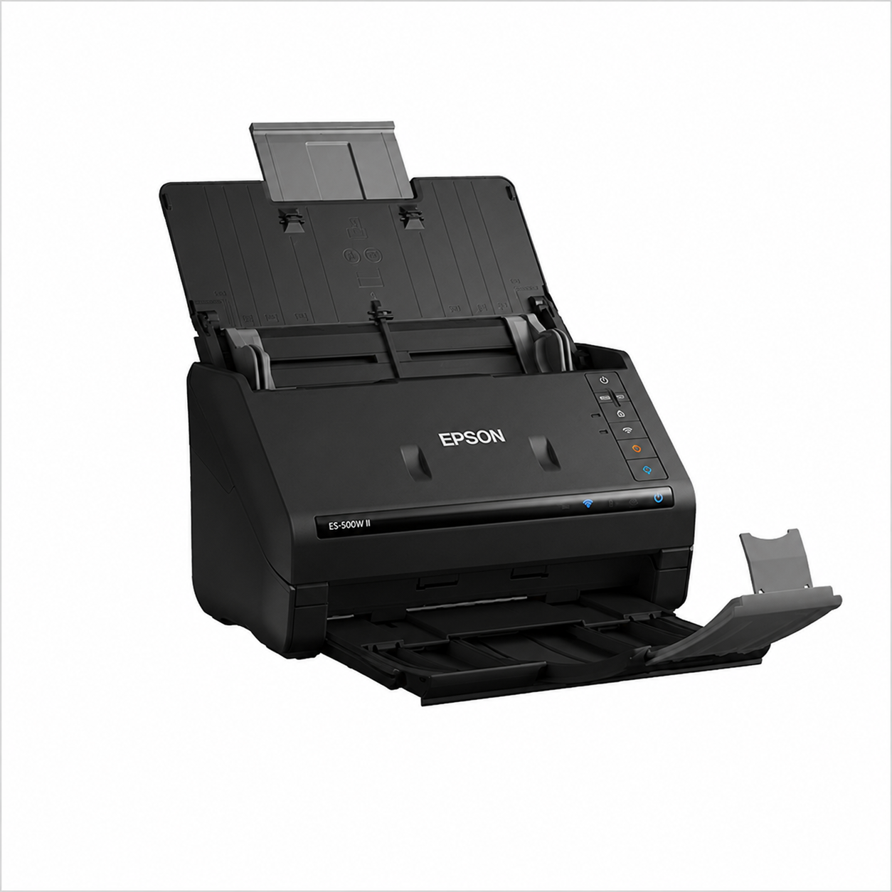 Epson black document scanner with automatic document feeder and output tray open, front three-quarter view