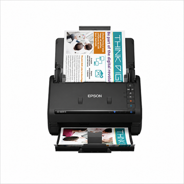 Epson black document scanner feeding color pages through the automatic document feeder, front view