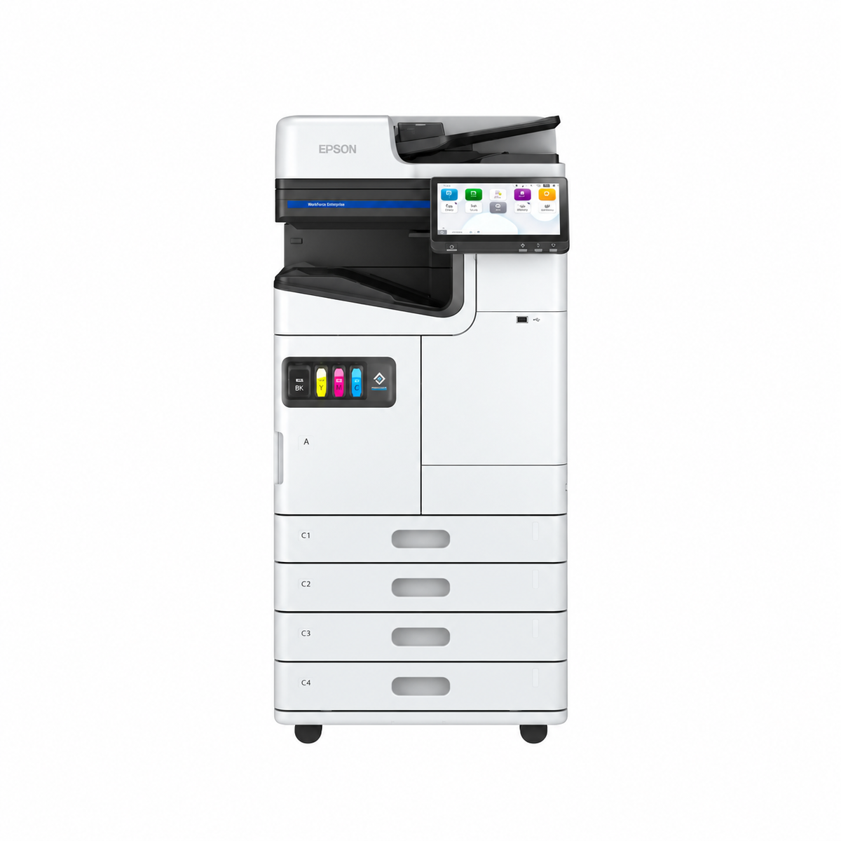 Epson WorkForce Enterprise AM-C4000 A3 color multifunction printer front view showing touchscreen, ADF and multiple paper trays.