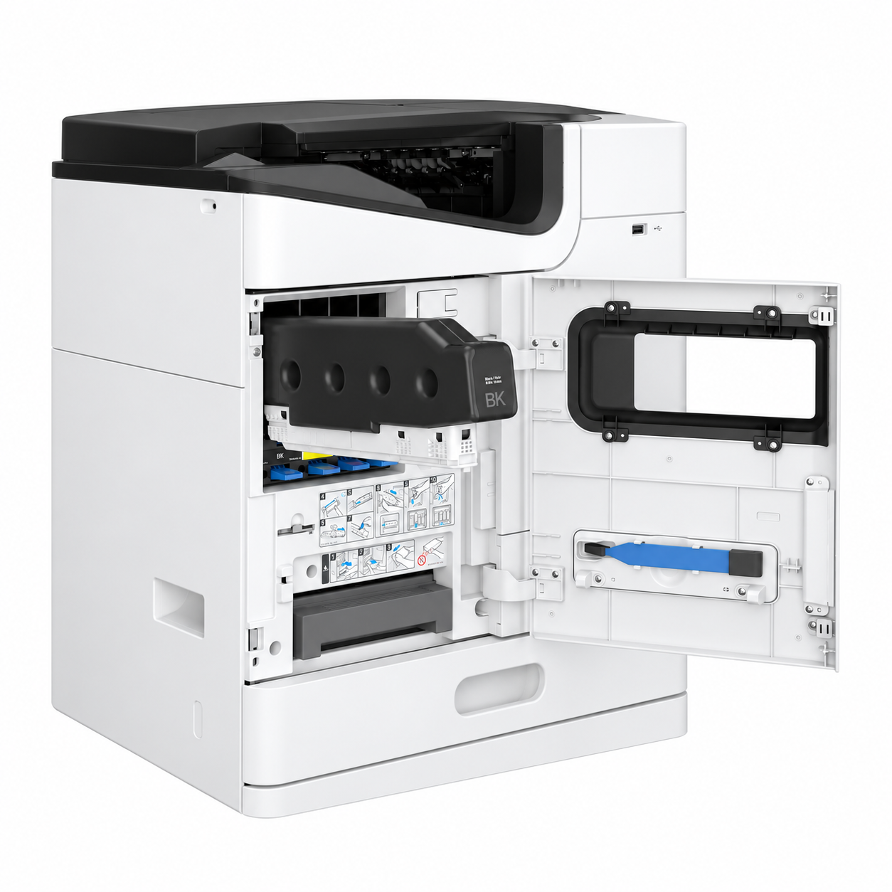 Epson WorkForce Enterprise AM-C4000 multifunction printer rear view showing open service panels and internal maintenance areas.