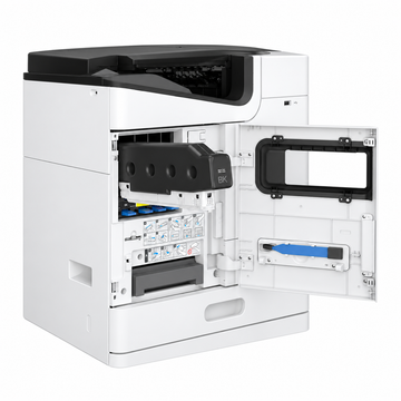 Epson WorkForce Enterprise AM-C4000 multifunction printer rear view showing open service panels and internal maintenance areas.
