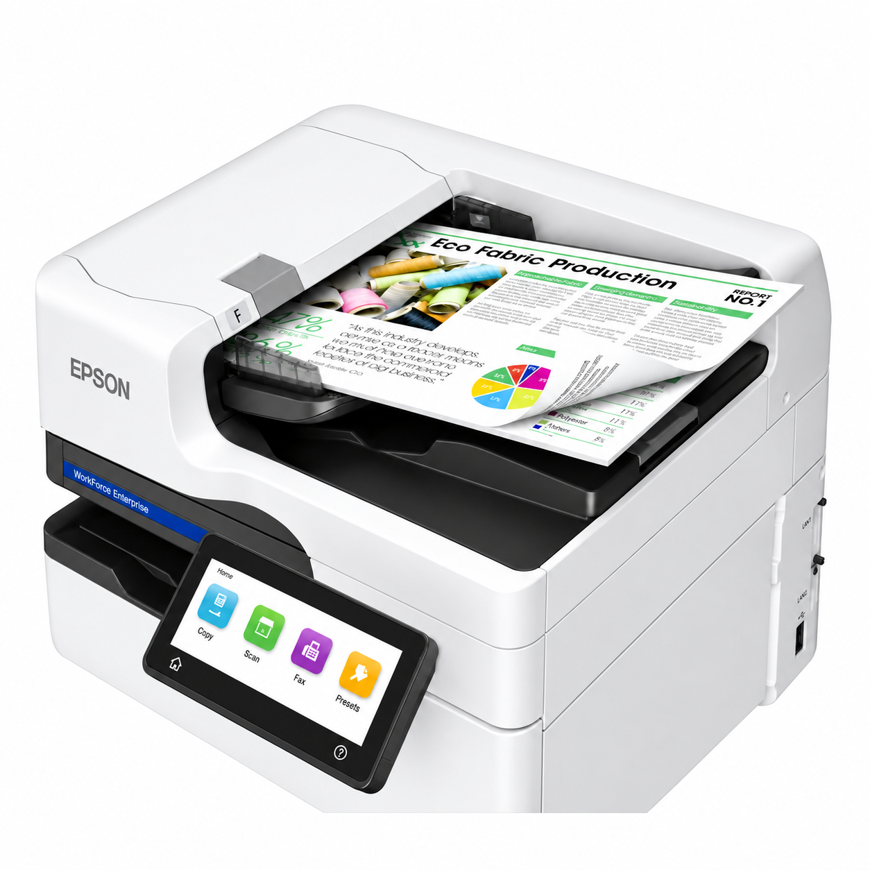Epson WorkForce Enterprise AM-C4000 scanner and ADF close-up showing a color document being scanned.