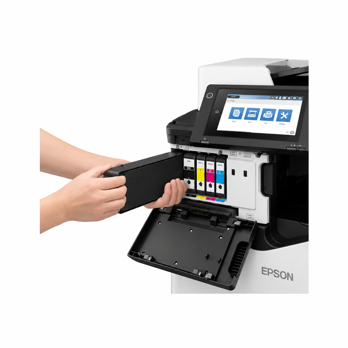 Epson WorkForce Enterprise WF-C20750 D4TW touchscreen control panel close-up showing user interaction and printer controls.