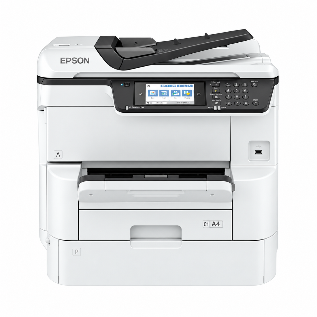 Epson WorkForce Pro WF-C878RDWF A3+ colour multifunction printer front view showing touchscreen control panel, ADF and paper trays.