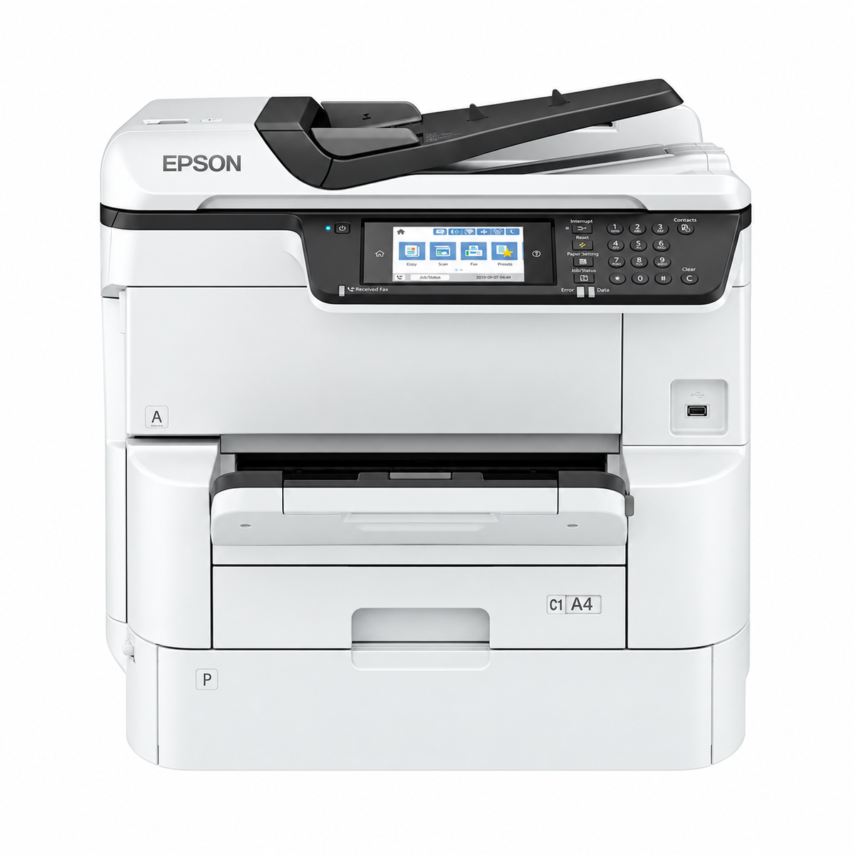Epson WorkForce Pro WF-C878RDWF A3+ colour multifunction printer front view showing touchscreen control panel, ADF and paper trays.