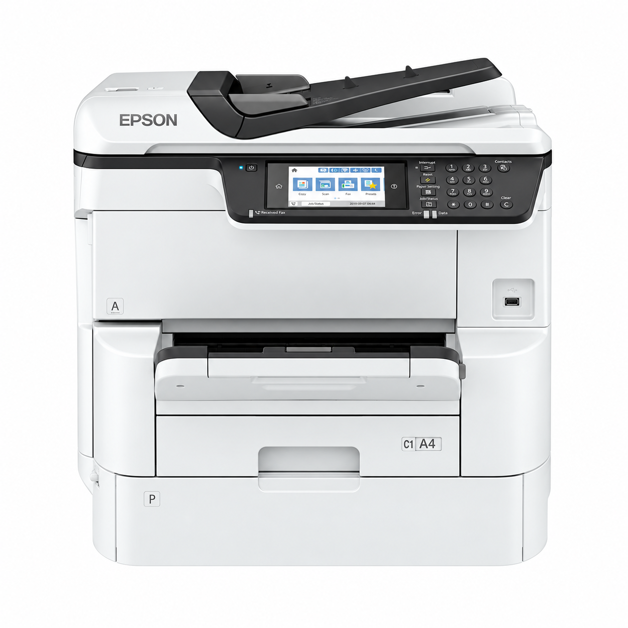 Epson WorkForce Pro WF-C878RDWF A3+ colour multifunction printer front view showing touchscreen control panel, ADF and paper trays.