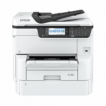 Epson WorkForce Pro WF-C878RDWF A3+ colour multifunction printer front view showing touchscreen control panel, ADF and paper trays.