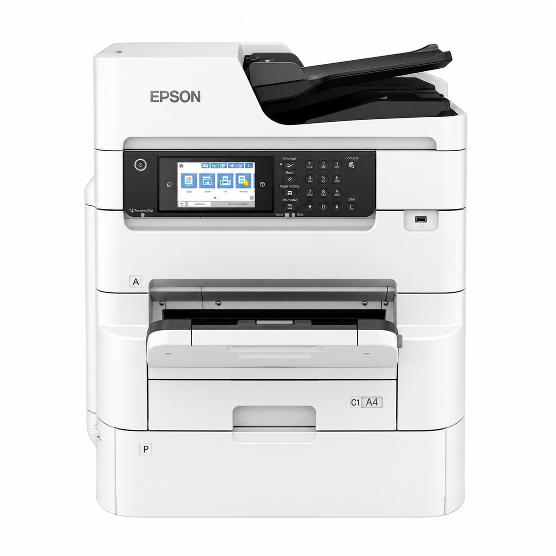 Epson WorkForce Pro WF-C879RDWF A3+ colour multifunction business printer front view showing touchscreen control panel, ADF and paper trays.
