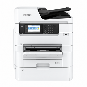 Epson WorkForce Pro WF-C879RDWF A3+ colour multifunction business printer front view showing touchscreen control panel, ADF and paper trays.