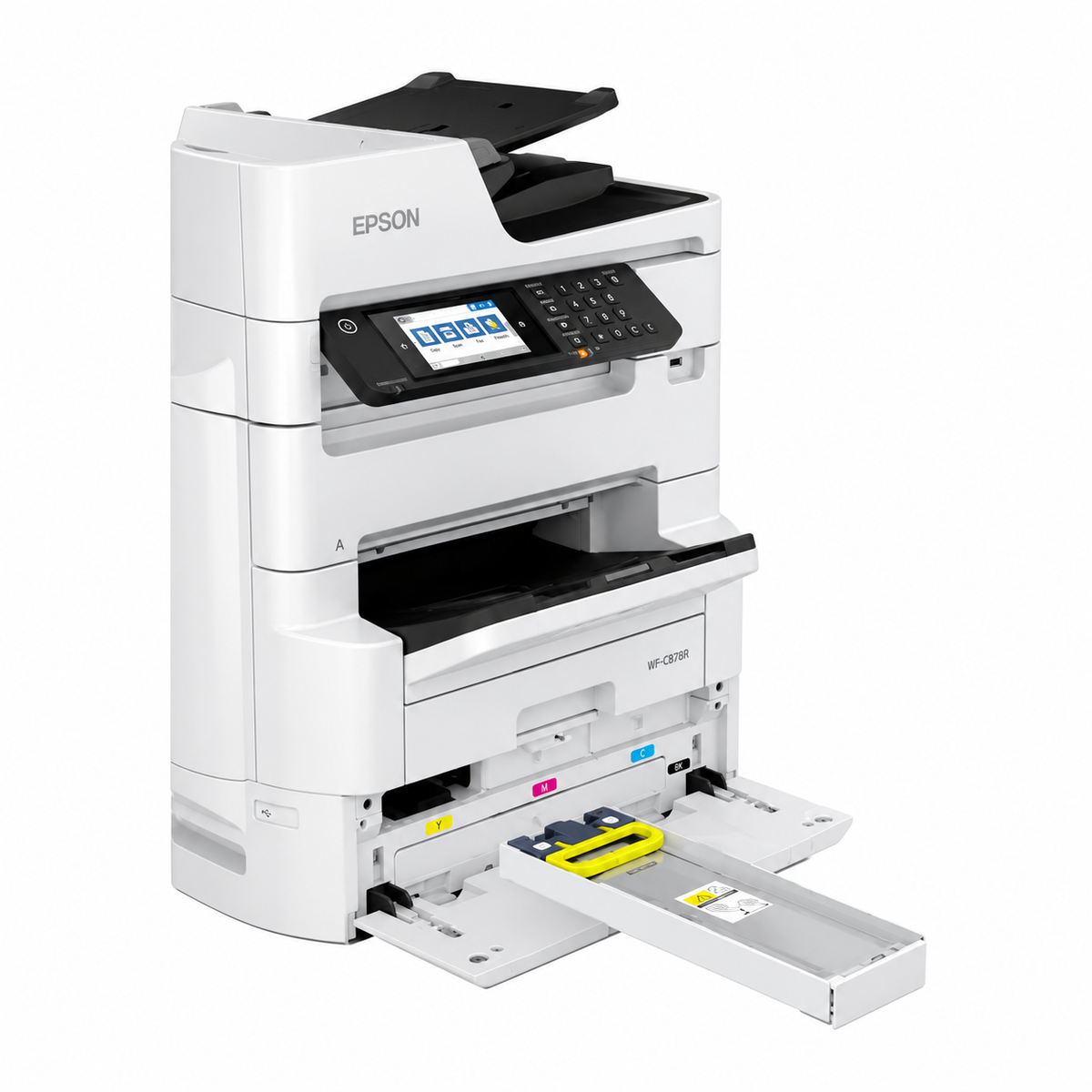 Epson WorkForce Pro WF-C879RDWF multifunction printer angled front view showing open paper trays and high-capacity business design.