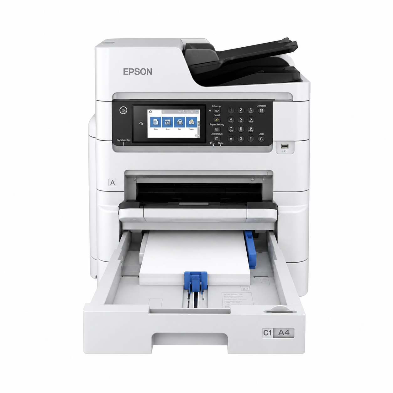 Epson WorkForce Pro WF-C879RDWF front view showing touchscreen, ADF and paper handling system.