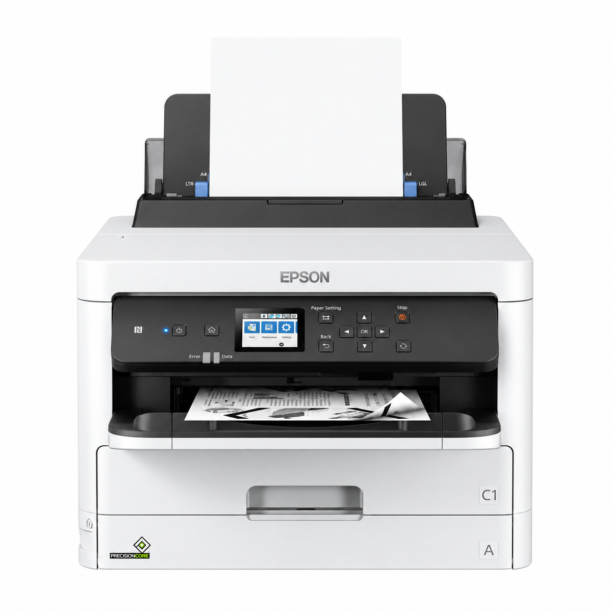 Epson WorkForce Pro WF-M5299DW A4 mono business printer front view with paper loaded in the rear tray.