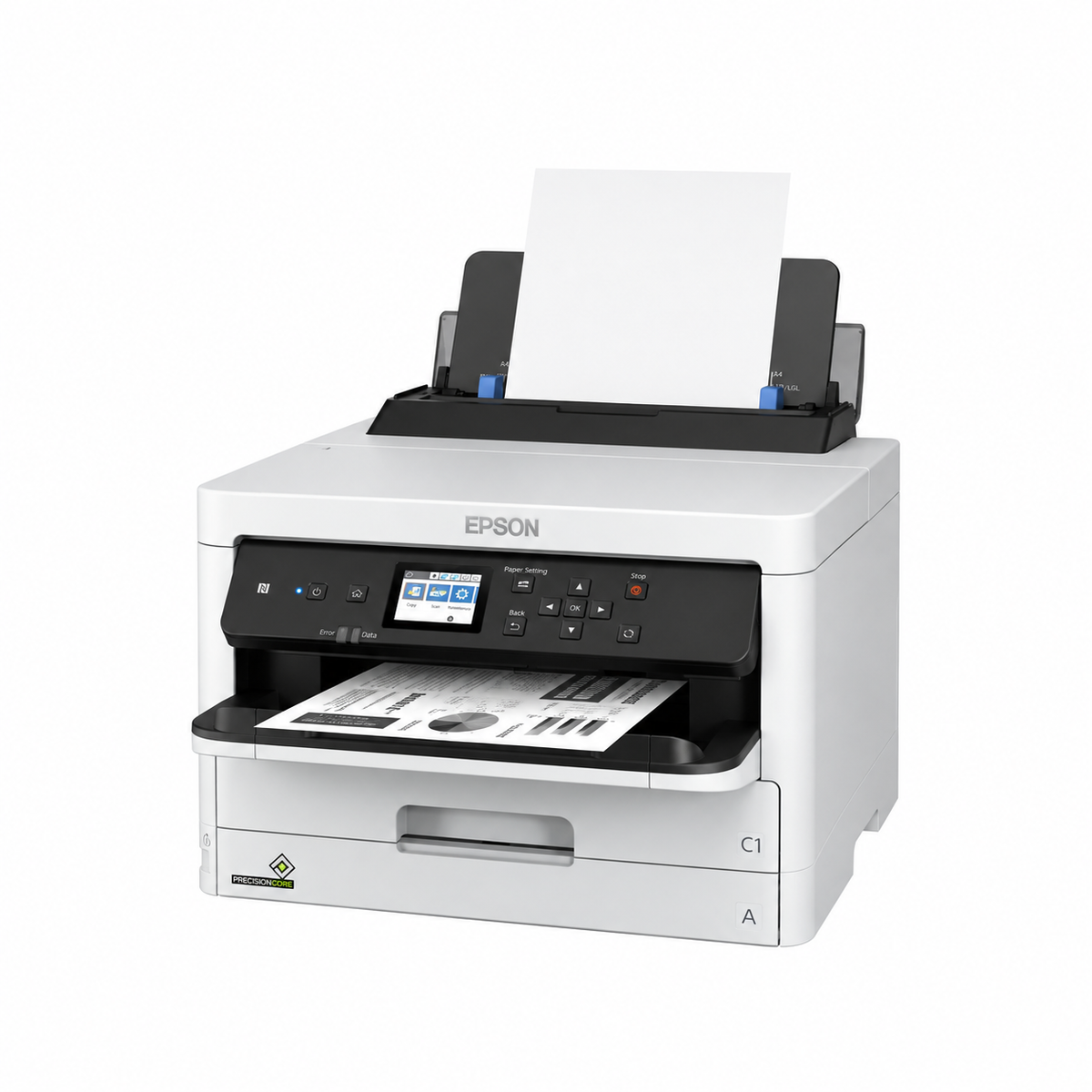 Epson WorkForce Pro WF-M5299DW monochrome inkjet printer angled front view showing control panel and paper handling design.
