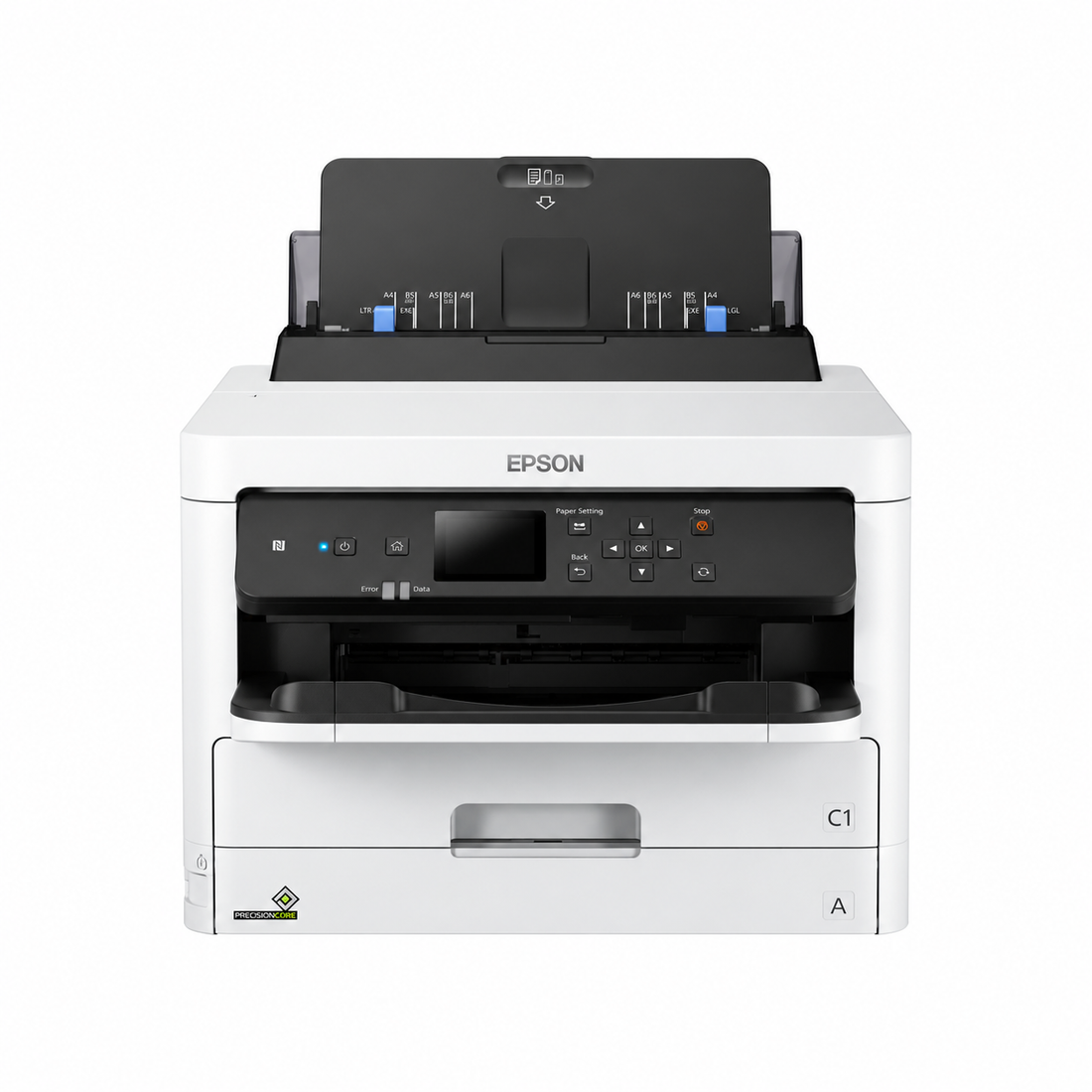 Epson WorkForce Pro WF-M5299DW monochrome business inkjet printer front view showing control panel, paper output area and lower paper tray.