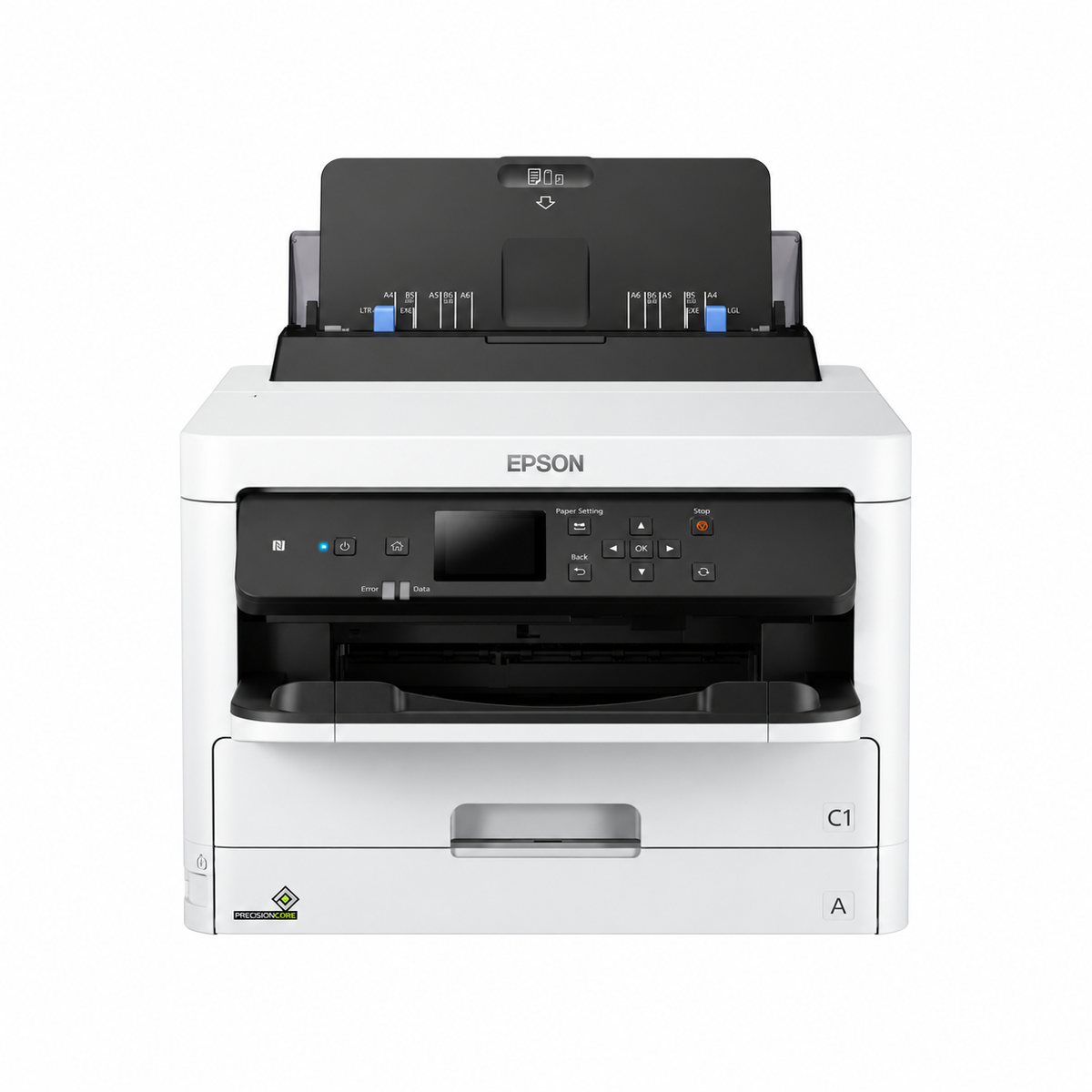 Epson WorkForce Pro WF-M5299DW printer angled front view showing compact office design and rear paper feed.