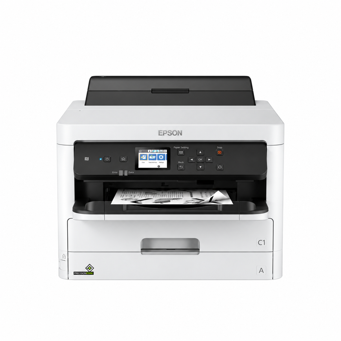 Epson WorkForce Pro WF-M5299DW monochrome business inkjet printer front view showing control panel, paper output area and lower paper tray.