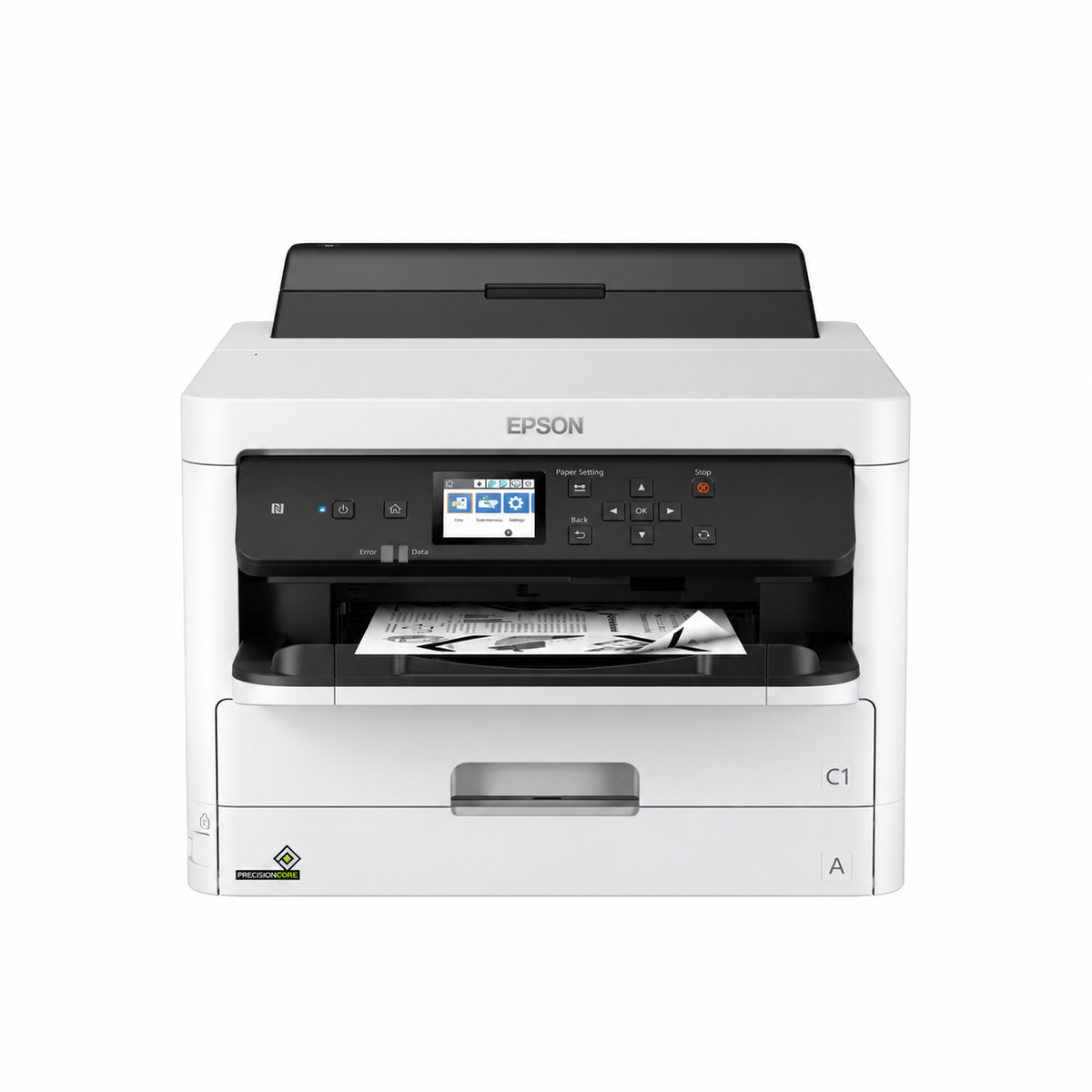 Epson WorkForce Pro WF-M5299DW monochrome business inkjet printer front view showing control panel, paper output area and lower paper tray.