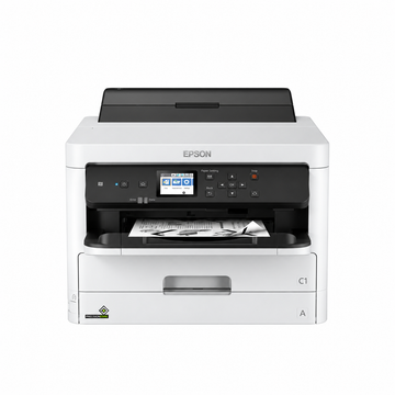 Epson WorkForce Pro WF-M5299DW monochrome business inkjet printer front view showing control panel, paper output area and lower paper tray.