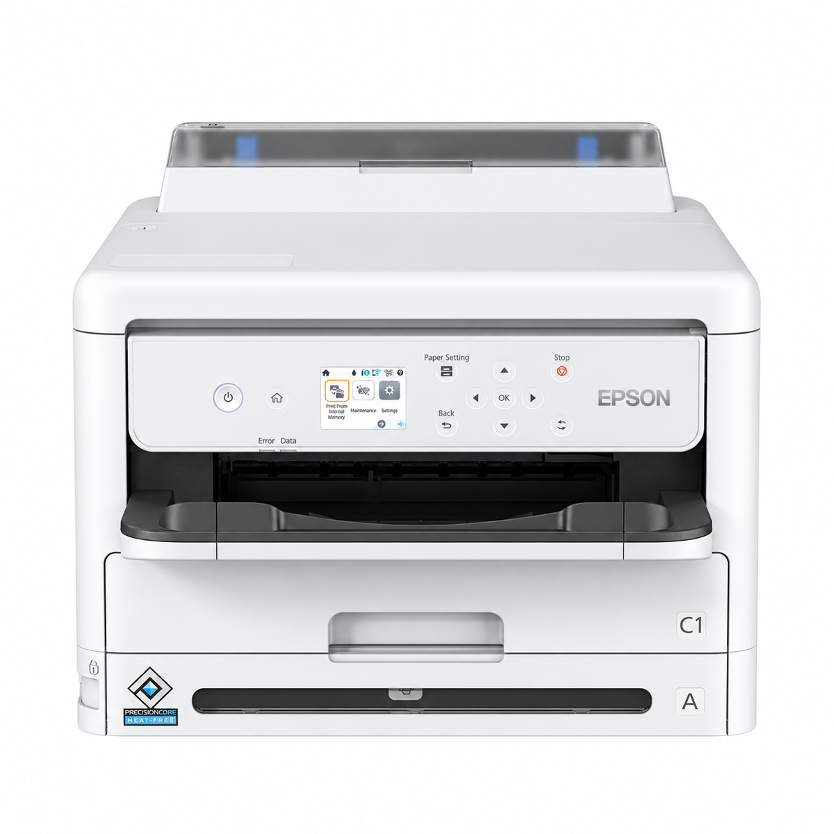 Epson WorkForce Pro WF-M5399DW A4 mono business printer front view showing control panel and paper trays.
