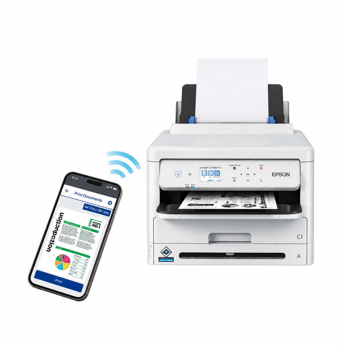Epson WorkForce Pro WF-M5399DW monochrome business inkjet printer front view with mobile wireless printing illustration.