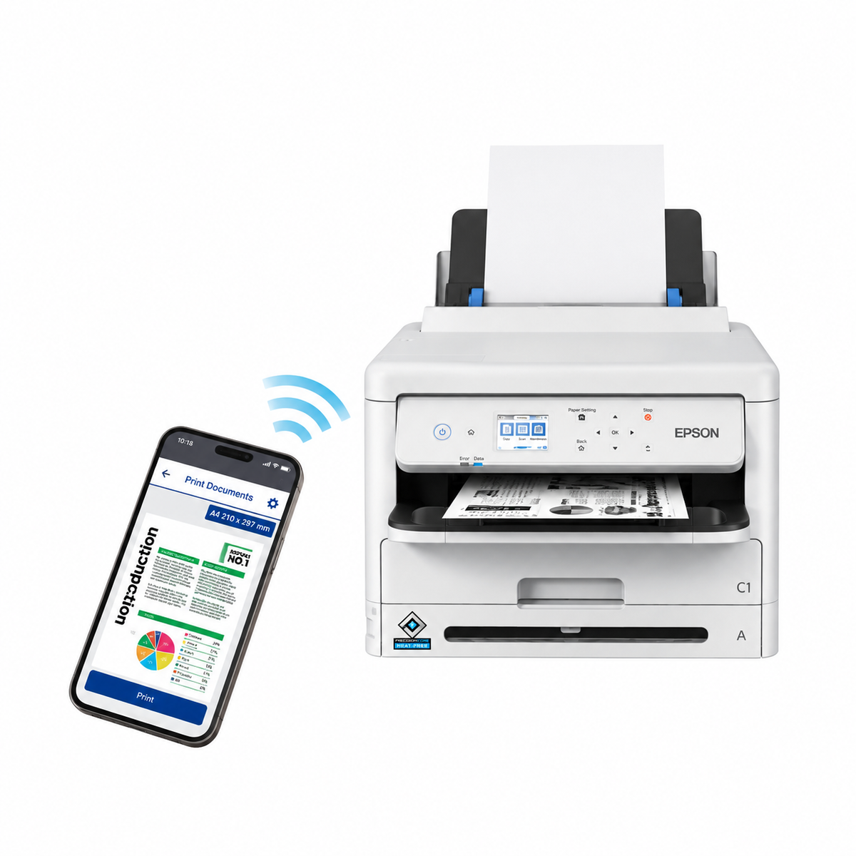 Epson WorkForce Pro WF-M5399DW monochrome business inkjet printer front view with mobile wireless printing illustration.