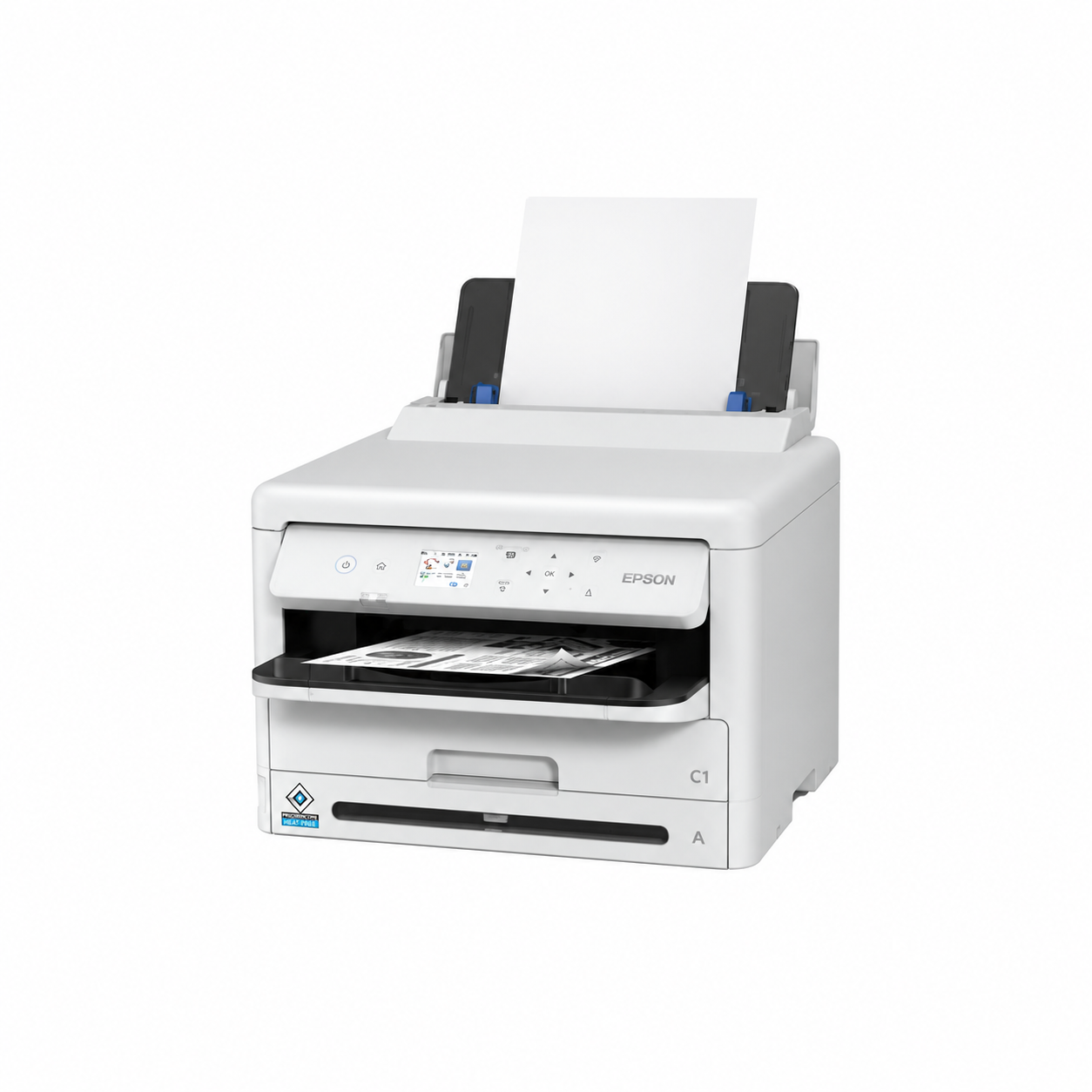Epson WorkForce Pro WF-M5399DW printer angled front view with paper loaded in the rear feed.