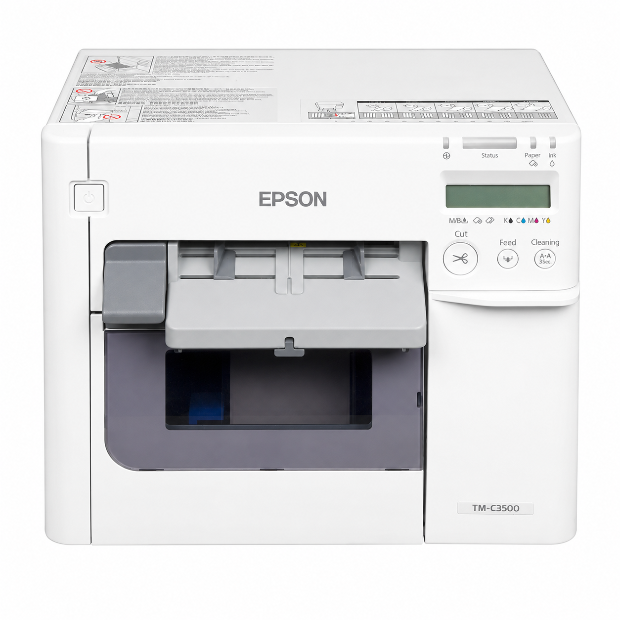 Epson ColorWorks C3500 Colour Label Printer front view showing control panel and label output area.