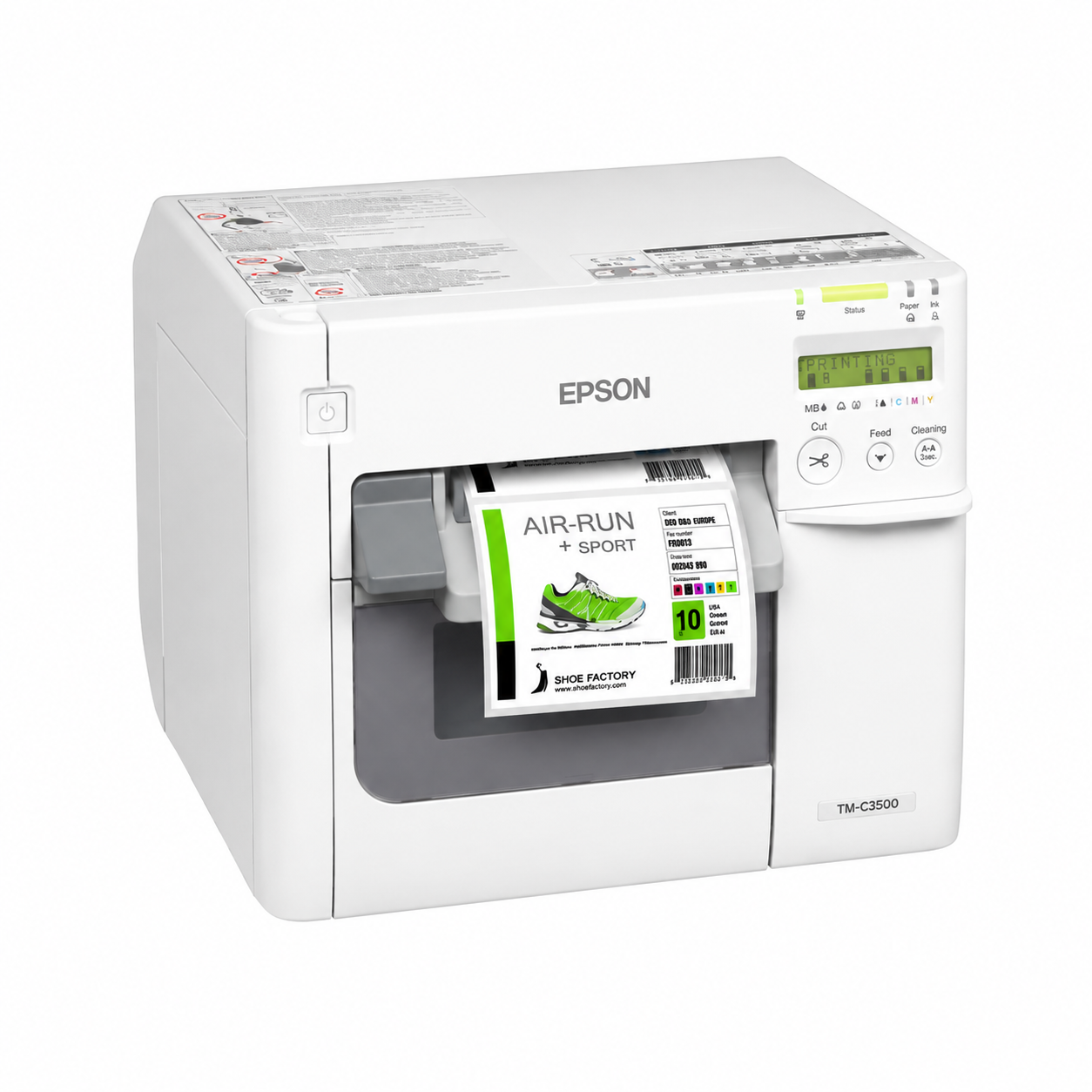Epson ColorWorks C3500 Colour Label Printer angled angled view printing a full-color product label.
