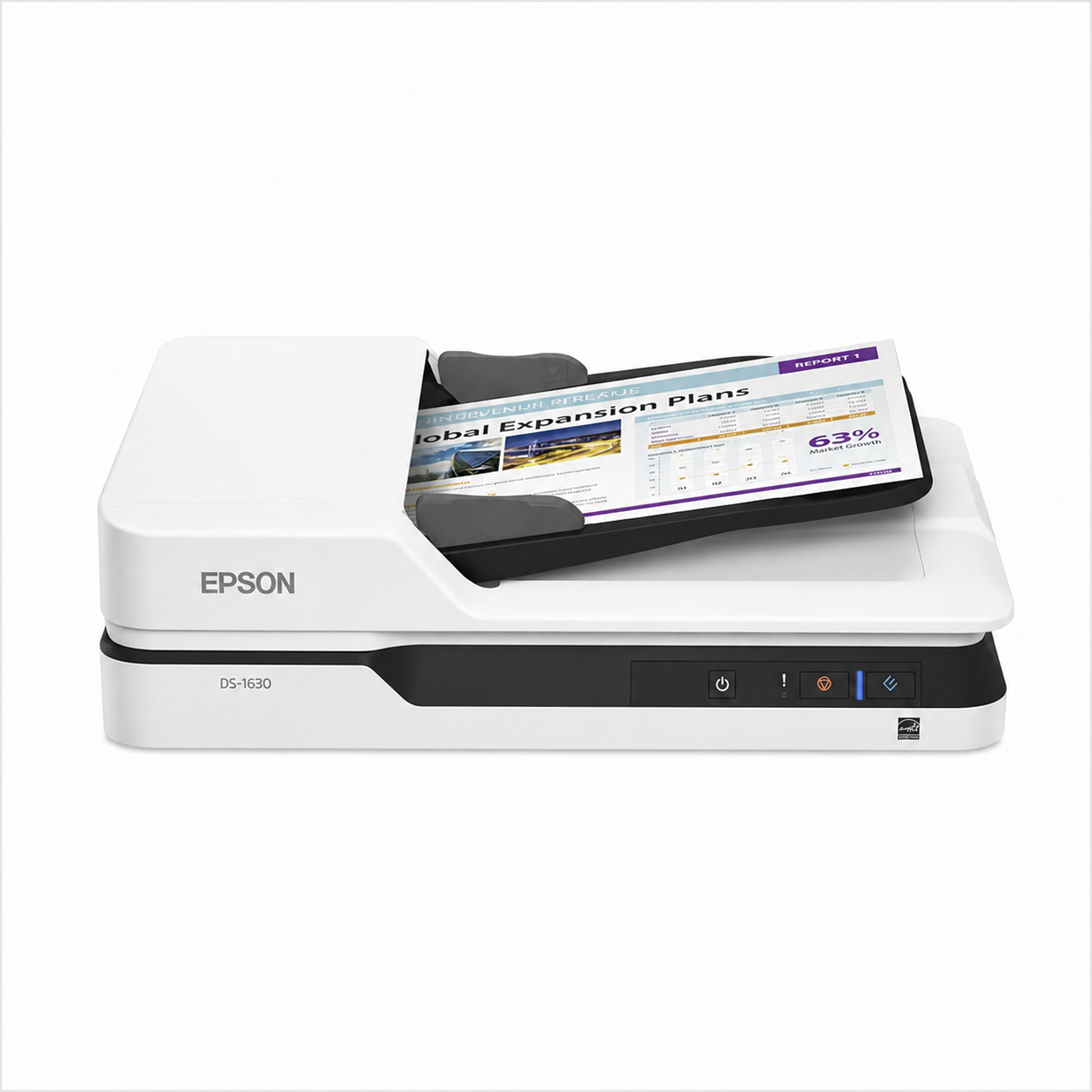 Epson WorkForce DS-1630 control panel with power, scan and stop buttons