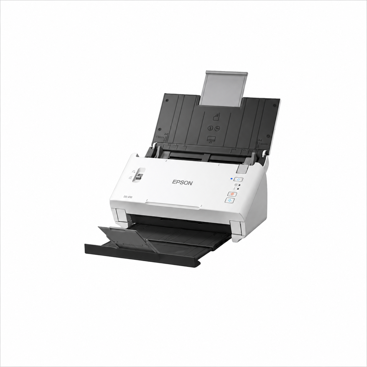 Epson WorkForce DS-410 showing the automatic document feeder and paper guide system for duplex scanning