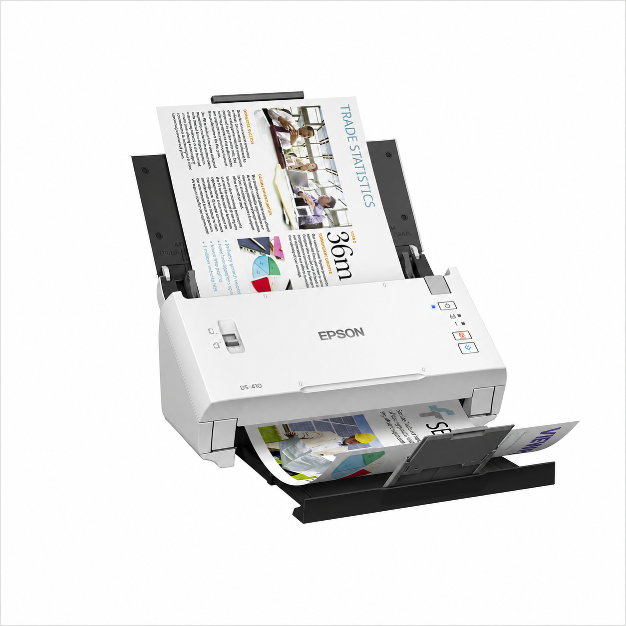 Epson WorkForce DS-410 scanning a multi-page A4 document through the 50-sheet automatic document feeder
