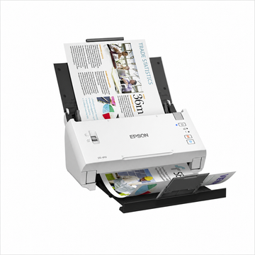 Epson WorkForce DS-410 scanning a multi-page A4 document through the 50-sheet automatic document feeder