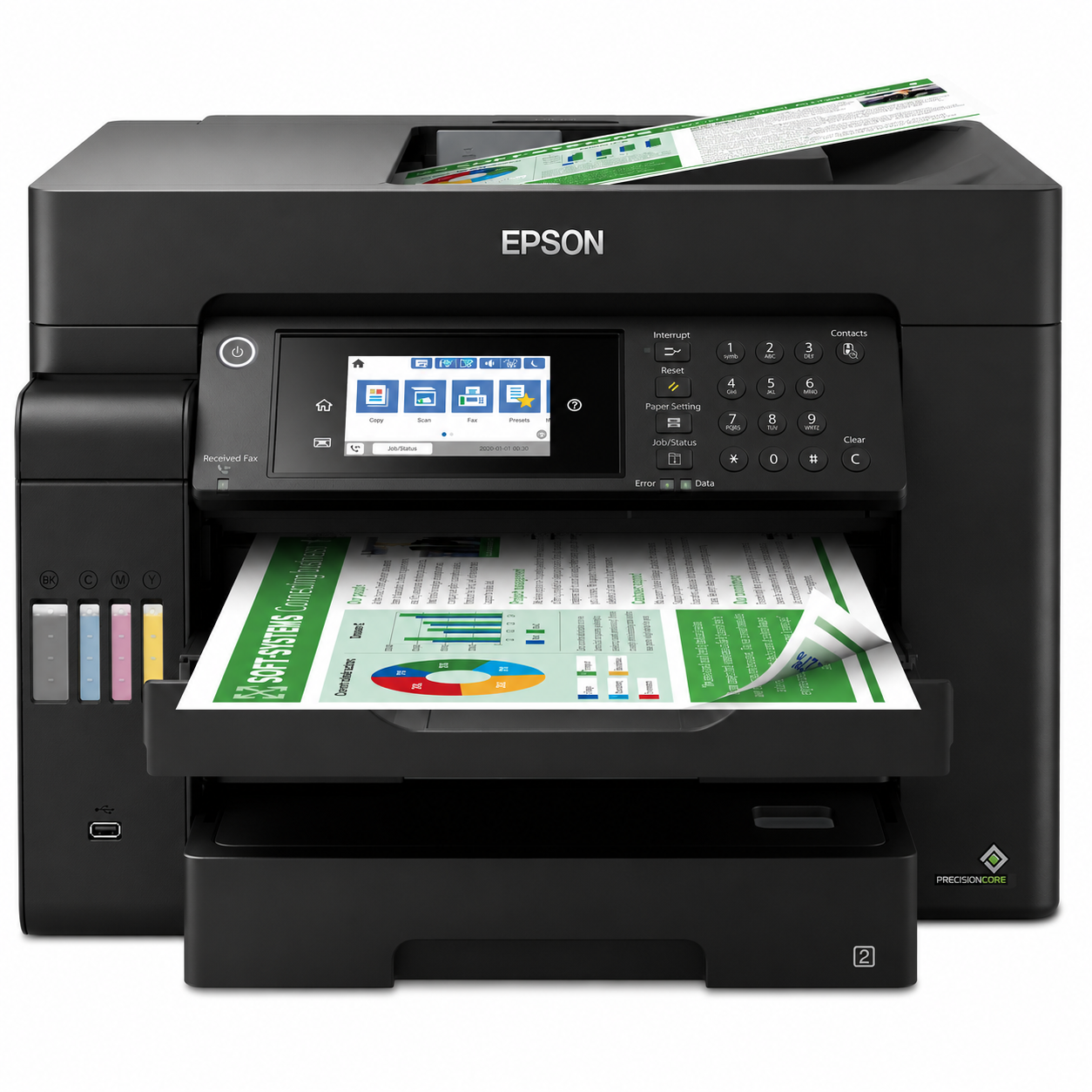 Epson EcoTank L15150 A3+ multifunction ink tank printer printing a color document, front view