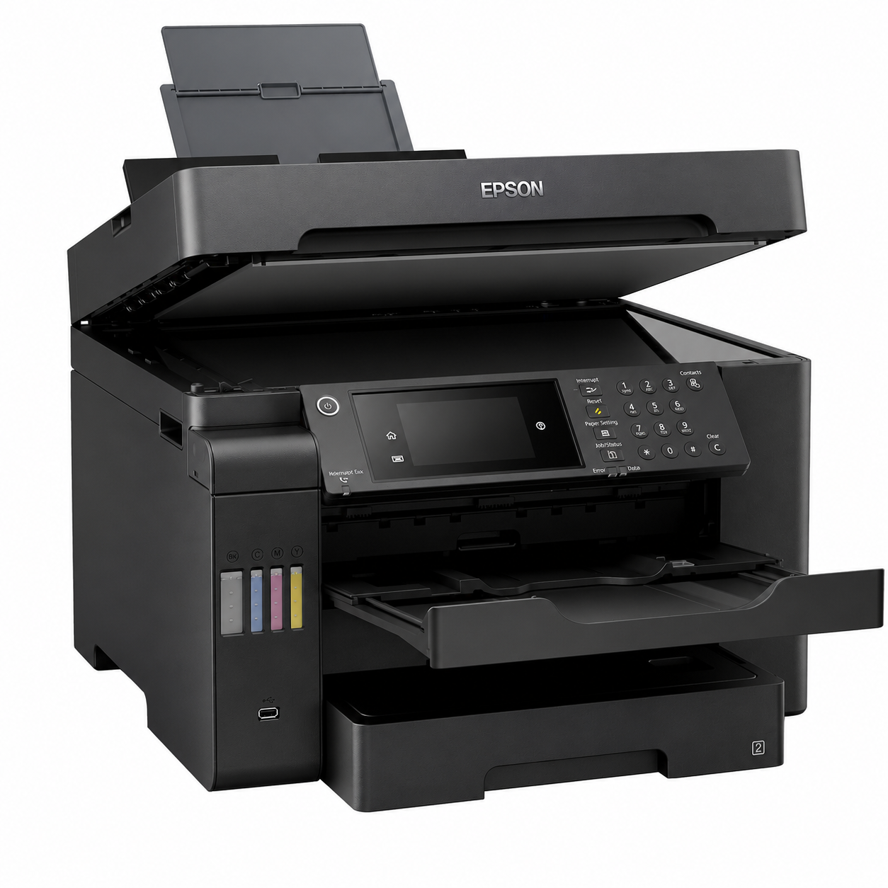 Epson EcoTank L15150 A3+ all-in-one printer with automatic document feeder and paper trays open