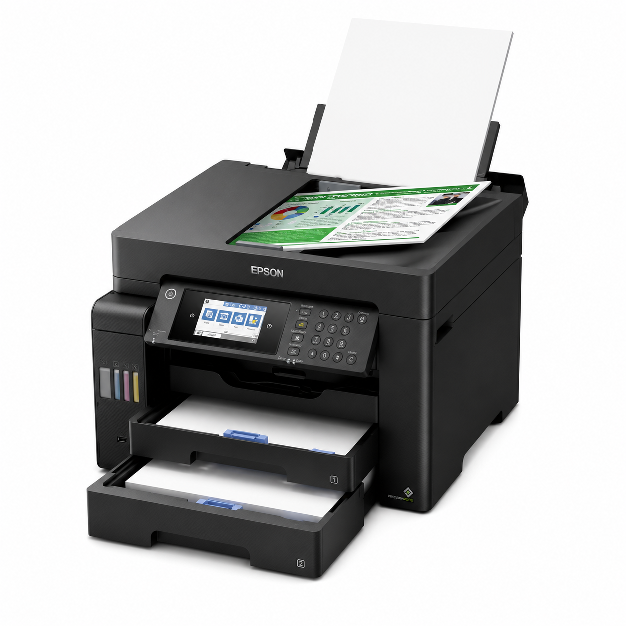 Epson EcoTank L15150 multifunction ink tank printer with paper loaded, angled front view