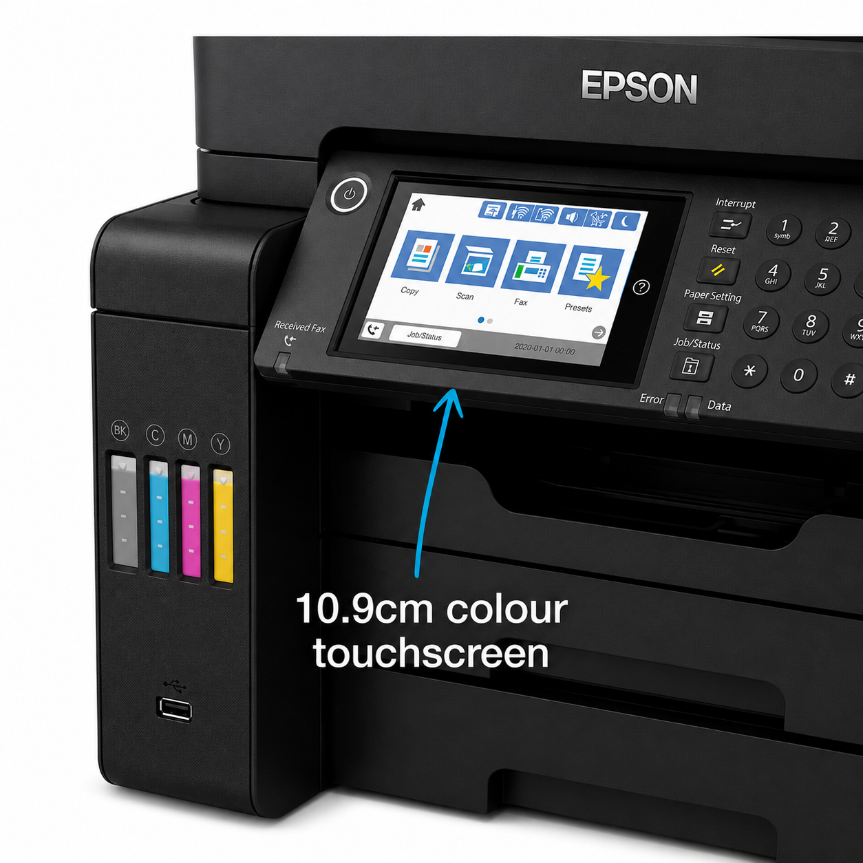 Epson EcoTank L15150 printer control panel with 10.9 cm color touchscreen display
